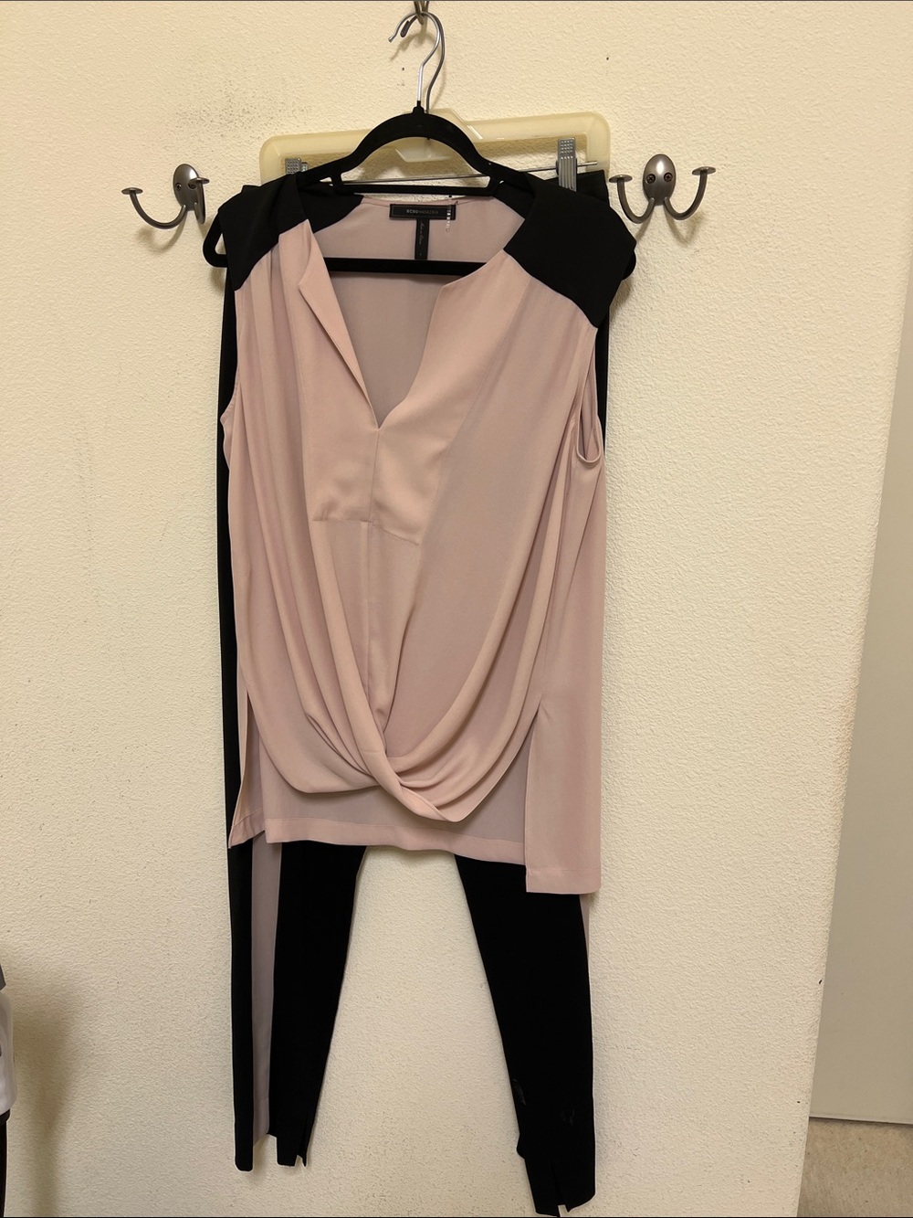 BCBGMaxAzria Blush Pink and Black Draped Jumpsuit